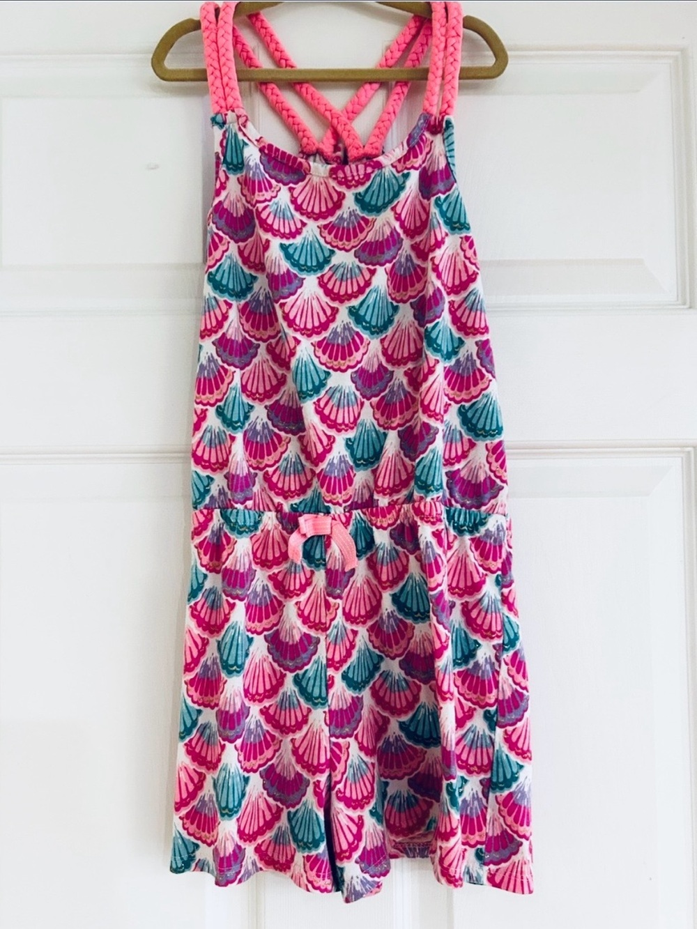 TOMMY BAHAMA Girls Pink/Teal Shell-Print One-Piece Romper